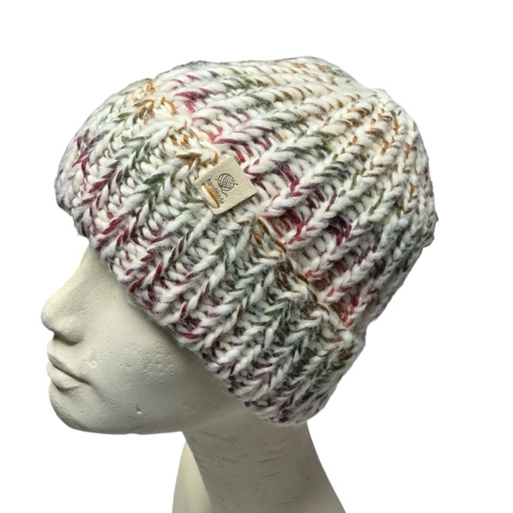 Handmade Chunky Knit Beanie Multicolor Soft White Winter Fall Handcrafted Hat